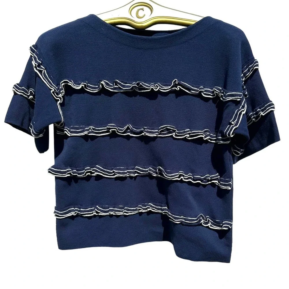 J.Crew - Short Sleeve Ruffled Boat Neck Pullover fine knit Sweater, SizeS - Picture 1 of 12